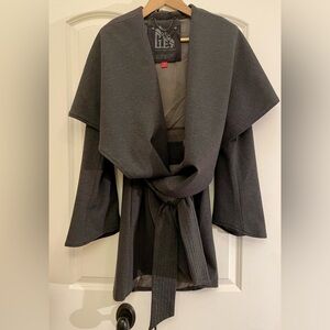 G.E.T. Charcoal grey belted wrap jacket with shawl collar. Size Medium.